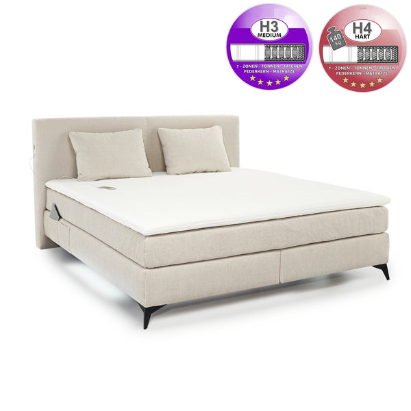 Boxspringbett 180x200 cm, 7-Zonen-Tonnentaschen-Federkernmatratzen H3+H4, Topper, Bonell-Federkern, Beleuchtung, USB-Ladeports, Chenille Beige