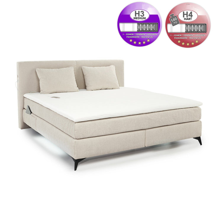 Boxspringbett 180x200 cm, 7-Zonen-Tonnentaschen-Federkernmatratzen H3+H4, Topper, Bonell-Federkern, Beleuchtung, USB-Ladeports, Chenille Beige