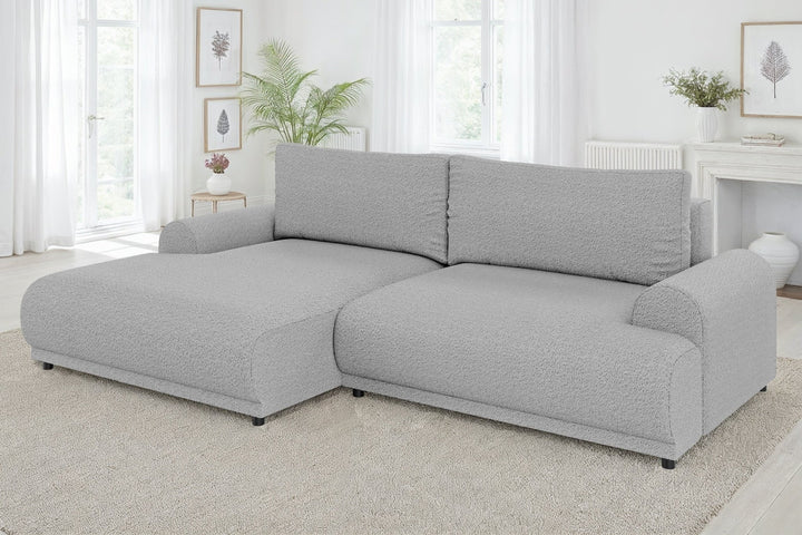 Ecksofa mit Schlaffunktion, Bettkasten, extrabreite Ottomane links, Bouclé Grau / 21030