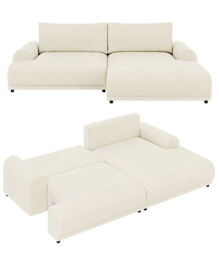 Ecksofa mit Schlaffunktion, Bettkasten, extrabreite Ottomane rechts, Bouclé Beige Creme / 21027