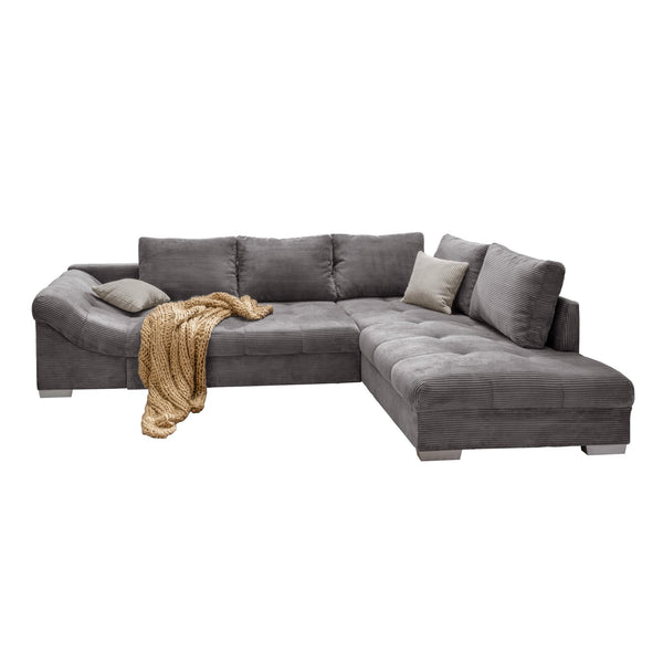 ECKSOFA mit Schlaffunktion, Wellenunterfederung, Ottomane rechts 298/202/84 cm, Cord Grau / 17201