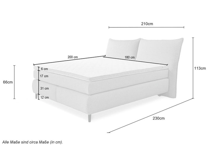 Boxspringbett 180x200 cm, Kopfteil mit Keder, 7-Zonen-Tonnentaschen-Federkernmatratzen H3, Topper, Bonell-Federkern, Flachgewebe Beige Grau