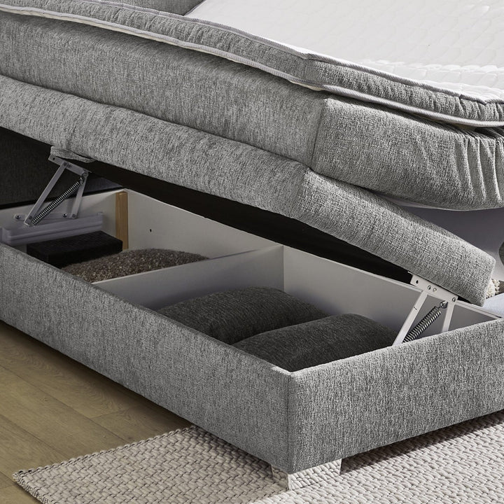 Boxspringbett 140x200 cm, 7-Zonen-Tonnentaschen-Federkernmatratze H4, Topper, Bonell-Federkern, 2 große Bettkästen, Chenille Grau