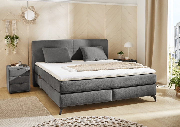 Boxspringbett 180x200 cm, 7-Zonen-Tonnentaschen-Federkernmatratzen H3, Topper, Bonell-Federkern, Beleuchtung,USB-Ladeports, Chenille Dunkelgrau