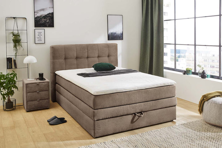 Boxspringbett 140x200 cm, 7-Zonen-Tonnentaschen-Federkernmatratze H3, Topper, Bonell-Federkern, großer Bettkasten, Cord Braun Taupe