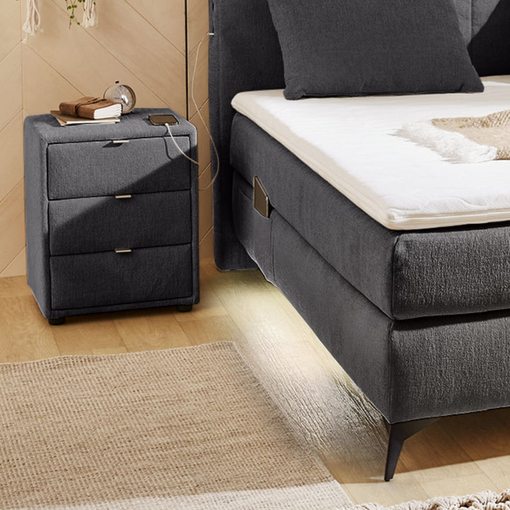 Boxspringbett 160/200 cm, 7-Zonen-Tonnentaschen-Federkernmatratzen H4, Topper, Bonell-Federkern, Beleuchtung,USB-Ladeports, Chenille Dunkelgrau