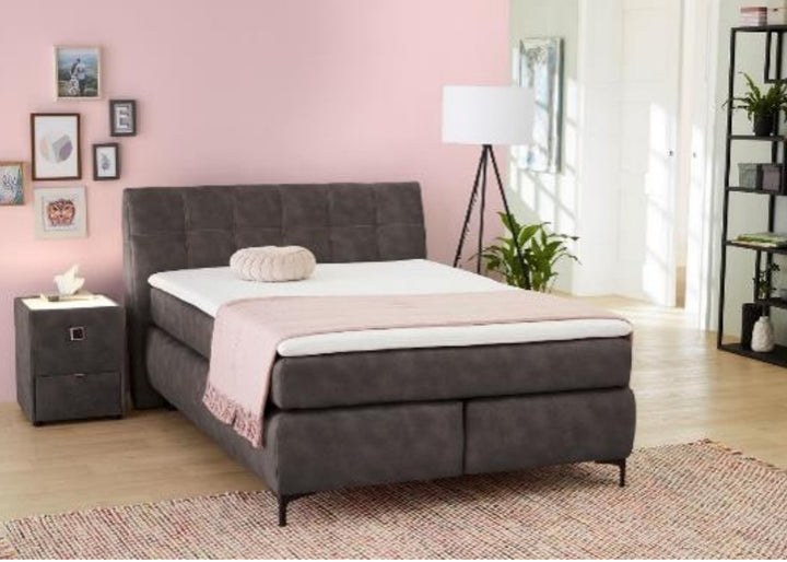 Boxspringbett 140x200 cm mit Bonell-Federkernmatratze H2 inkl. Topper, Bonell-Federkernpolsterung, Mikrofaser-Bezug in Dunkelgrau