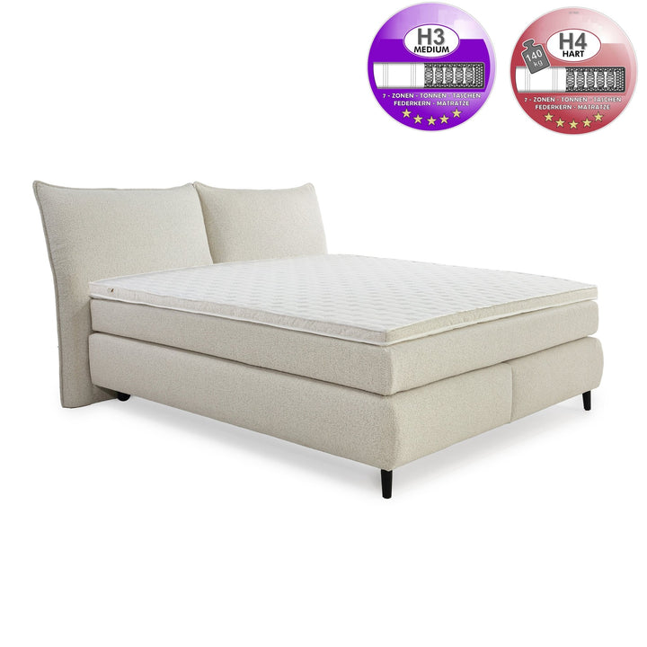 Boxspringbett 180x200 cm, Kopfteil m.Keder, 7-Zonen-Tonnentaschen-Federkernmatratzen H3+H4, Topper, Bonell-Federkern, Flachgewebe Beige Grau