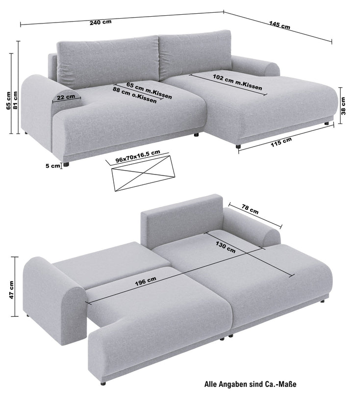Ecksofa mit Schlaffunktion, Bettkasten, extrabreite Ottomane rechts, Chenille Hellbraun / 21021
