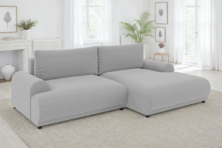 Ecksofa mit Schlaffunktion, Bettkasten, extrabreite Ottomane rechts, Chenille Hellgrau / 21025