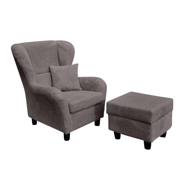 Ohrensessel mit Hocker im modernem Landhausstil, Lesesessel mit hohem Sitzkomfort durch Wellenunterfederung, bequemer Polstersessel in Cord Grau