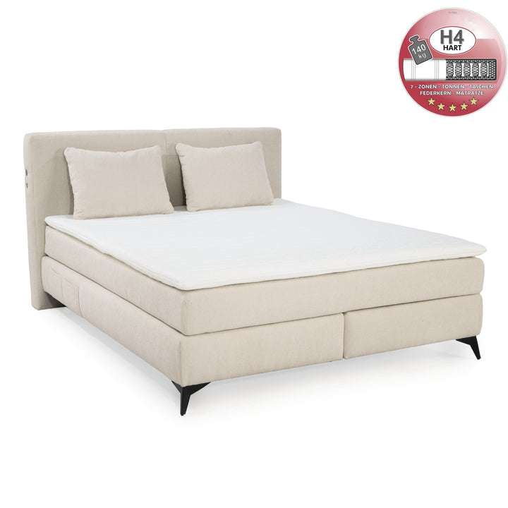 Boxspringbett 160x00 cm, 7-Zonen-Tonnentaschen-Federkernmatratzen H4, Topper, Bonell-Federkern, Beleuchtung, USB-Ladeports, Chenille Beige