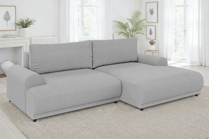 Ecksofa mit Schlaffunktion, Bettkasten, extrabreite Ottomane rechts, Bouclé Grau / 21029