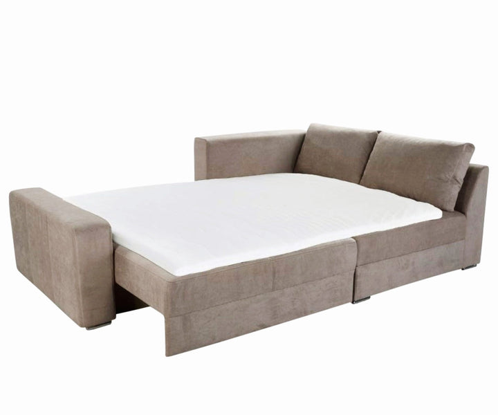 Ecksofa-Dauerschläfer Breite 260 cm Federkern Boxspring-System, Schlaffunktion Bettkasten, Kaltschaum-Topper, Bezug Mikrofaser Hell-Braun