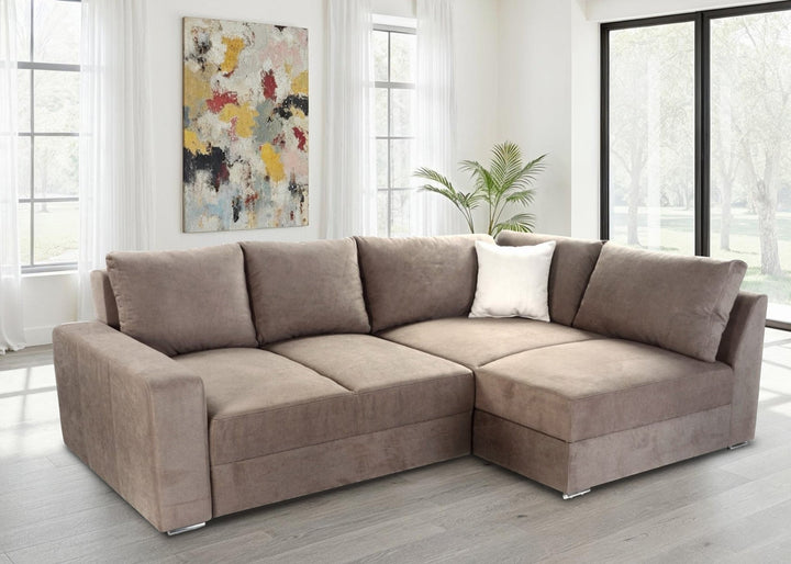Ecksofa-Dauerschläfer Breite 260 cm Federkern Boxspring-System, Schlaffunktion Bettkasten, Kaltschaum-Topper, Bezug Mikrofaser Hell-Braun
