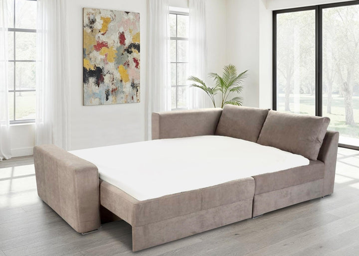 Ecksofa-Dauerschläfer Breite 260 cm Federkern Boxspring-System, Schlaffunktion Bettkasten, Kaltschaum-Topper, Bezug Mikrofaser Hell-Braun