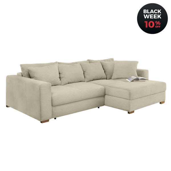 Ecksofa - Dauerschläfer mit Bettkasten, Federkern, seitenverkehrt montierbar, Cord Beige Grau / 15154