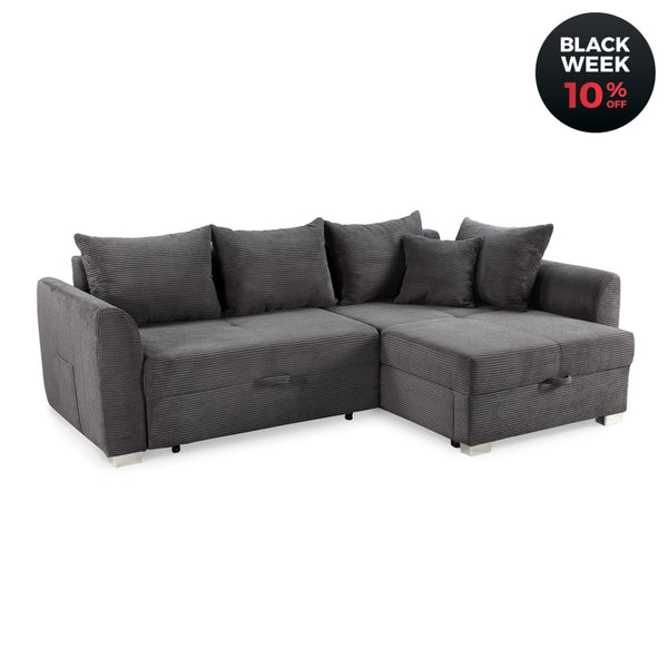 Ecksofa mit Schlaffunktion und Bettkasten, seitenverkehrt montierbar, Cord Grau Anthrazit / 15202