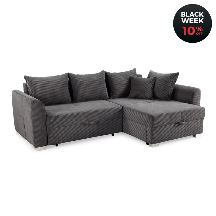 Ecksofa mit Schlaffunktion und Bettkasten, seitenverkehrt montierbar, Cord Grau Anthrazit / 15202