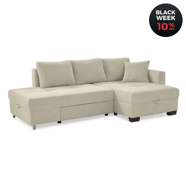 Ecksofa mit Schlaffunktion als Doppelbett mit Bettkasten, seitenverkehrt montierbar, Cord Beige Grau / 15215