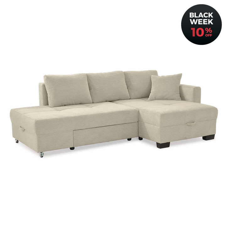 Ecksofa mit Schlaffunktion als Doppelbett mit Bettkasten, seitenverkehrt montierbar, Cord Beige Grau / 15215