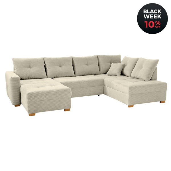 Wohnlandschaft mit Schlaffunktion und Bettkasten, U - Form spiegelverkehrt montierbar, Cord Beige Grau / 15218