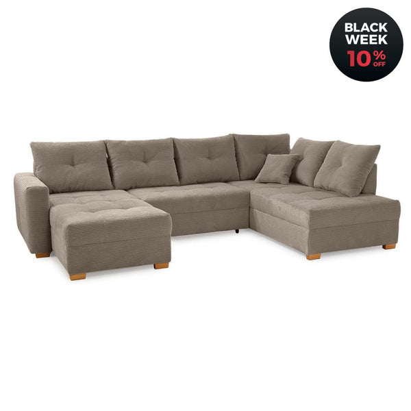 Wohnlandschaft mit Schlaffunktion und Bettkasten, U - Form spiegelverkehrt montierbar, Cord Braun Taupe / 15219