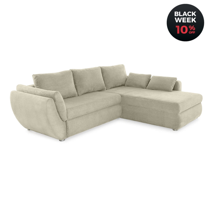 Ecksofa mit Schlaffunktion und Bettkasten, seitenverkehrt montierbar, Cord Beige Grau / 15227