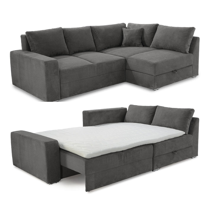 Ecksofa-Dauerschläfer B260/T181/H88 cm Federkern Boxspring-System, inkl. Schlaffunktion Bettkasten, Kaltschaum-Topper, Ottomane links oder rechts montierbar, Bezug Cord in Grau Anthrazit