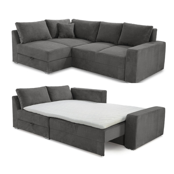 Ecksofa-Dauerschläfer B260/T181/H88 cm Federkern Boxspring-System, inkl. Schlaffunktion Bettkasten, Kaltschaum-Topper, Ottomane links oder rechts montierbar, Bezug Cord in Grau Anthrazit