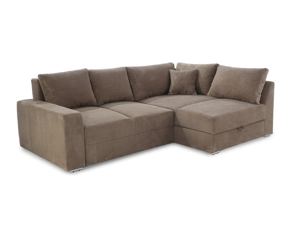 ECKSOFA-DAUERSCHLÄFER Boxspring Federkern Topper Bettkasten, seitenverkehrt montierbar B260/T181/H88 cm, Cord Braun-Taupe / 15234
