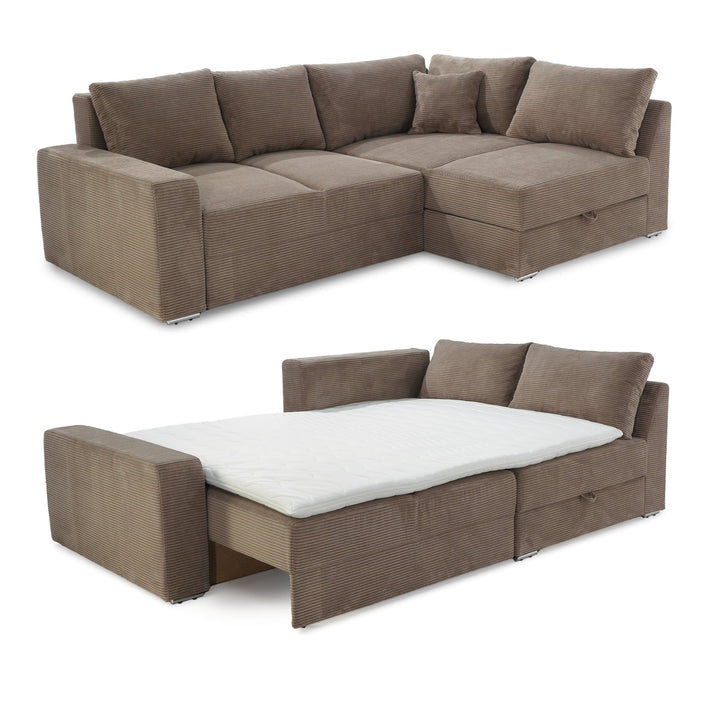 Ecksofa-Dauerschläfer B260/T181/H88 cm Federkern Boxspring-System, inkl. Schlaffunktion Bettkasten, Kaltschaum-Topper, Ottomane links oder rechts montierbar, Bezug Cord in Braun Taupe