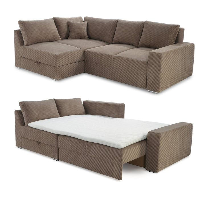 Ecksofa-Dauerschläfer B260/T181/H88 cm Federkern Boxspring-System, inkl. Schlaffunktion Bettkasten, Kaltschaum-Topper, Ottomane links oder rechts montierbar, Bezug Cord in Braun Taupe