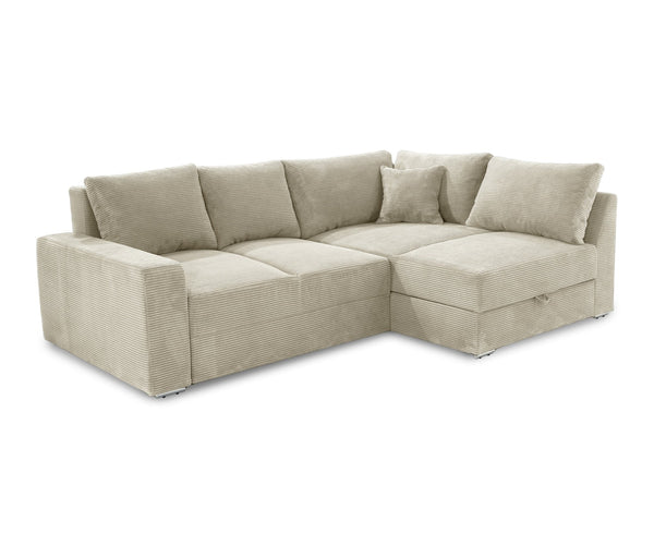 ECKSOFA-DAUERSCHLÄFER Boxspring Federkern Topper Bettkasten, seitenverkehrt montierbar B260/T181/H88 cm, Cord Beige Grau / 15235