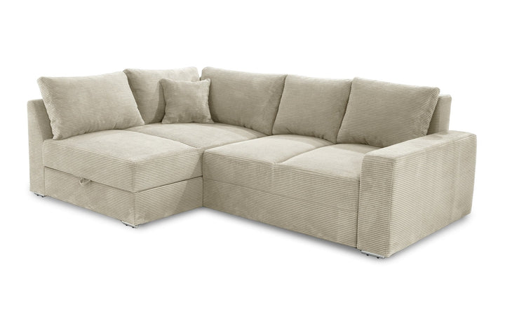 Ecksofa-Dauerschläfer B260/T181/H88 cm Federkern Boxspring-System, inkl. Schlaffunktion Bettkasten, Kaltschaum-Topper, Ottomane links oder rechts montierbar, Bezug Cord in Beige Grau