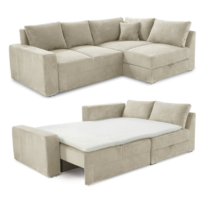 Ecksofa-Dauerschläfer B260/T181/H88 cm Federkern Boxspring-System, inkl. Schlaffunktion Bettkasten, Kaltschaum-Topper, Ottomane links oder rechts montierbar, Bezug Cord in Beige Grau
