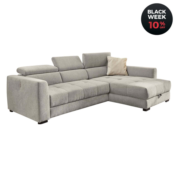 Ecksofa mit elektrischer Sitztiefenverstellung, Schlaffunktion, Bettksten, verstellbaren Kopflehnen, USB - Ladefunktion, Chenille Grau / 15408