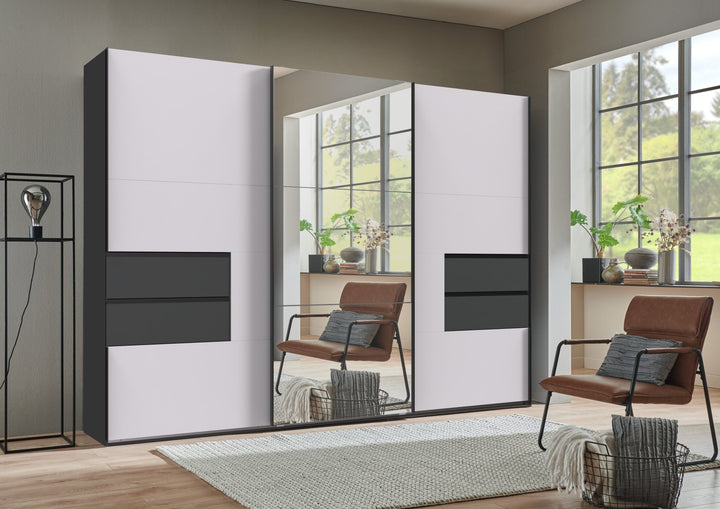 Schwebetürenschrank Kleiderschrank B300/H216/T65 cm, Korpus+Schubladen Grafit, Türen Weiß / Spiegel, inkl. Vollausstattung
