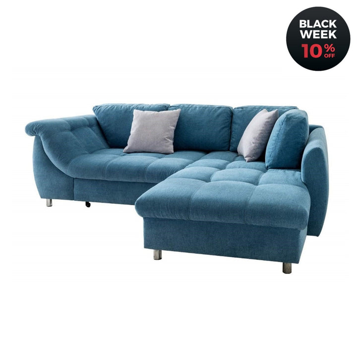 Ecksofa mit Schlaffunktion, Wellenfederung, Ottomane rechts, Mikrofaser Blau / 17107