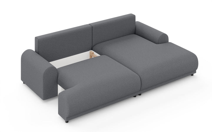 Ecksofa mit Schlaffunktion, Bettkasten, extrabreite Ottomane rechts, Strukturstoff Dunkelgrau / 21033