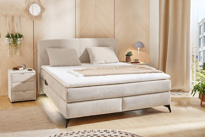 Boxspringbett 160x200 cm, 7-Zonen-Tonnentaschen-Federkernmatratzen H3+H4, Topper, Bonell-Federkern, Beleuchtung, USB-Ladeports, Chenille Beige