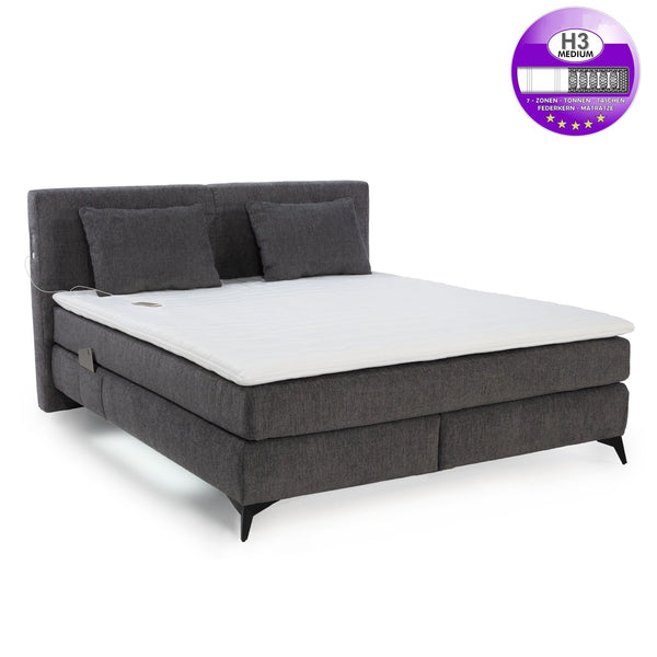 Boxspringbett 180x200 cm, 7-Zonen-Tonnentaschen-Federkernmatratzen H3, Topper, Bonell-Federkern, Beleuchtung,USB-Ladeports, Chenille Dunkelgrau