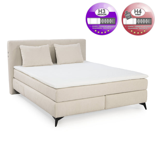 Boxspringbett 160x200 cm, 7-Zonen-Tonnentaschen-Federkernmatratzen H3+H4, Topper, Bonell-Federkern, Beleuchtung, USB-Ladeports, Chenille Beige