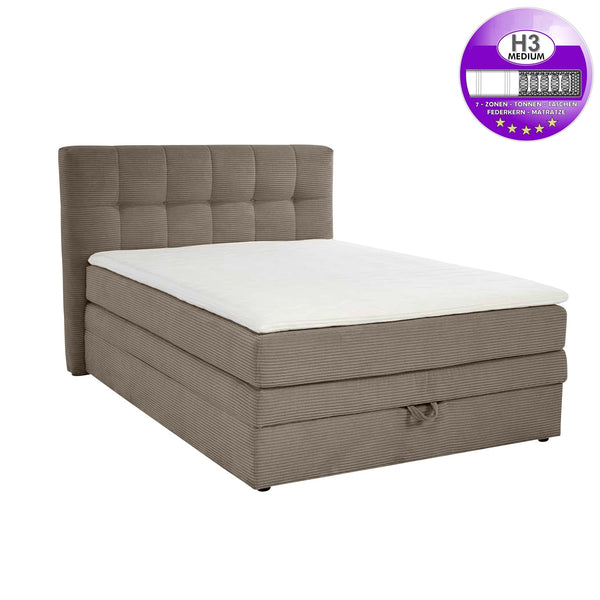 Boxspringbett 140x200 cm, 7-Zonen-Tonnentaschen-Federkernmatratze H3, Topper, Bonell-Federkern, großer Bettkasten, Cord Braun Taupe