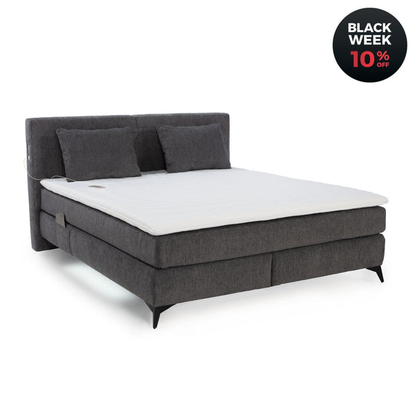 Boxspringbett 180x200 cm, 7 - Zonen - Tonnentaschen - Federkernmatratzen H3, Topper, Beleuchtung, USB - Ladeports, Chenille Dunkelgrau / 20046