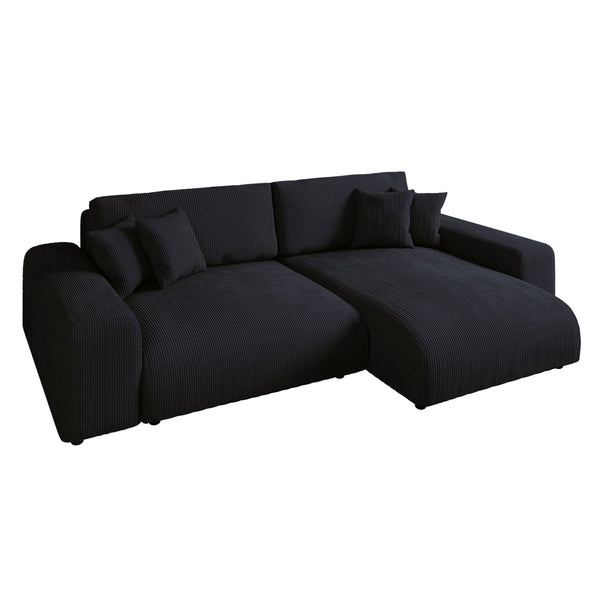 ECKSOFA mit Schlaffunktion, Bettkasten, Wellenunterfederung, seitenverkehrt montierbar B255/T165/H84 cm, Liegefl. 148x196 cm,  Cord Schwarz/ 21008