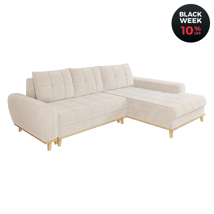 Scandi - Stil Ecksofa mit Schlaffunktion, Bettkasten, Wellenfedern, Ottomane rechts, Bouclé Chenille Beige / 21013