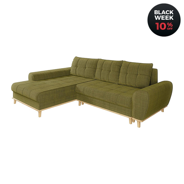 Scandi - Stil Ecksofa mit Schlaffunktion, Bettkasten, Wellenfedern, Ottomane links, Bouclé Chenille Grün / 21016