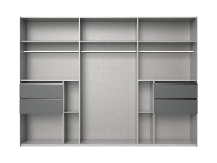 Schwebetürenschrank Kleiderschrank B300/H216/T65 cm, Korpus+Schubladen Grafit, Türen Weiß / Spiegel, inkl. Vollausstattung