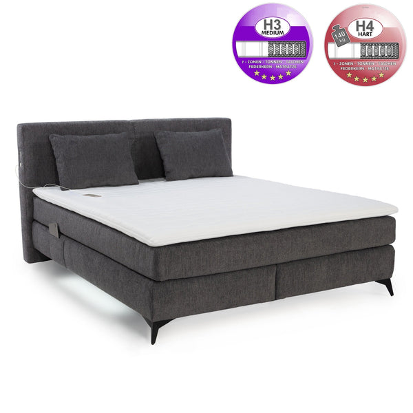 Boxspringbett 180x200 cm, 7-Zonen-Tonnentaschen-Federkernmatratzen H3+H4, Topper,Bonell-Federkern,Beleuchtung,USB-Ladeports, Chenille Dunkelgrau